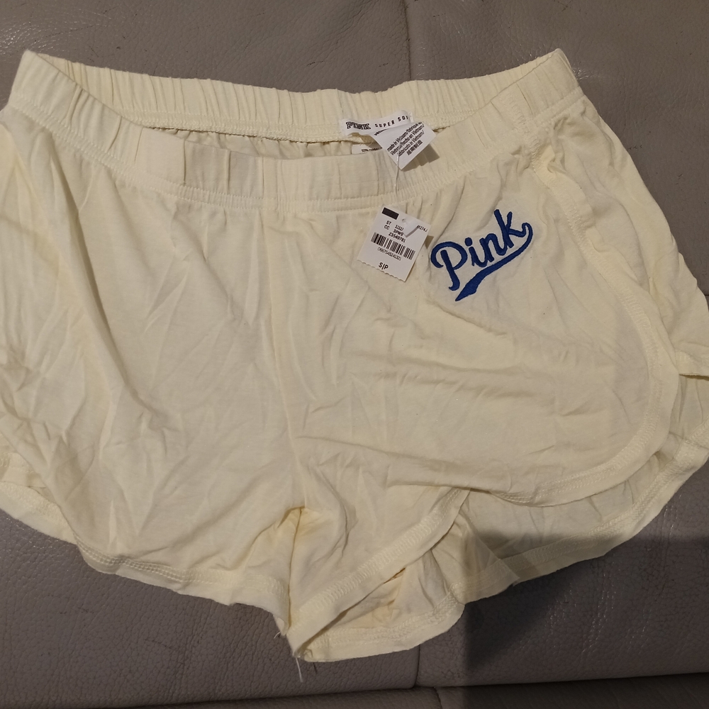 PINK Cream Shorts with Blue Script Logo